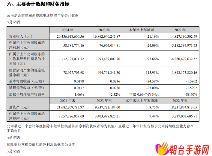 欧菲光 2024 年营收 204.37 亿元同比增长 21.19%，净利润同比下降 24.09%